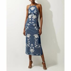 Karen Millen Beaded Denim Halter Midi Dress Sz 8 NWT